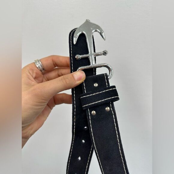 Vintage Blue Suede Leather Anchor Nautical Belt Silver Tine Buckle adjustable M - Picture 8 of 9